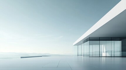 Obraz premium Minimalist white building with expansive glass, sharp lines and a clean backdrop, ideal for contemporary real estate or design visuals. 