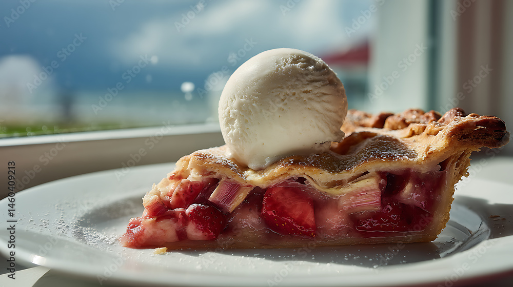 Poster slice of strawberry rhubarb pie topped with a scoop of ice cream on a sunny day near a window