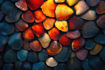 A vibrant collection of seashells in various colors and shades, showcasing their intricate textures and patterns.