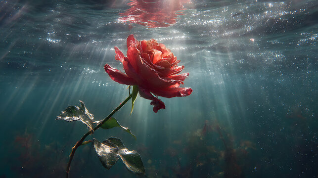 Single red rose growing under water, 32k uhd, caustics, light rays, flower in water, red rose in the water, wallpaper