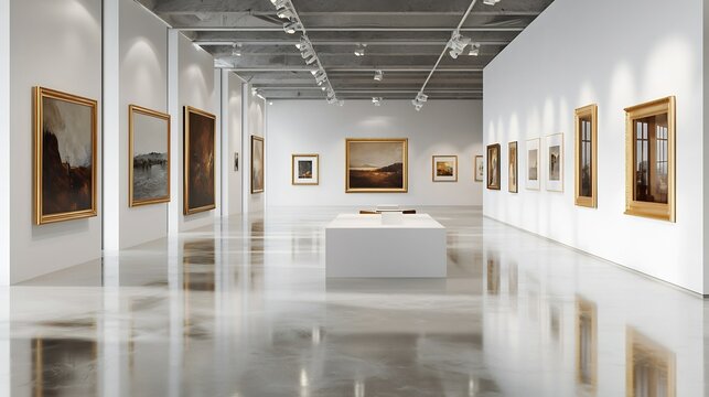 Contemporary luxury art gallery sleek white wall golden frame artwork cinematic sophisticated atmosphere