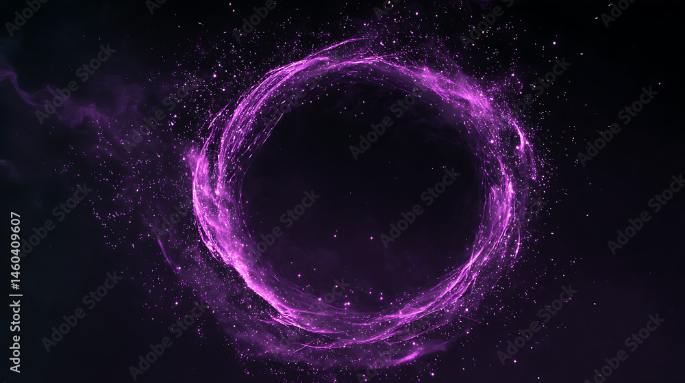 Poster Purple abstract circle galaxy particle effect, ring with swirling particles vortex visual effect layer overlay isolated black and