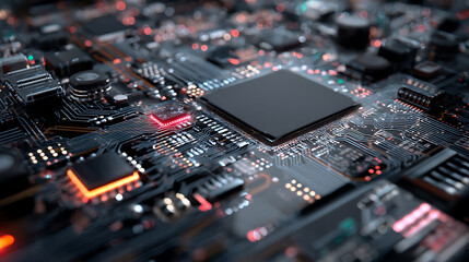 Fototapeta premium Printed circuit board, abstract technological background made of different element printed circuit board, depth of field effect and bokeh can be used as digital dynamic wallpaper