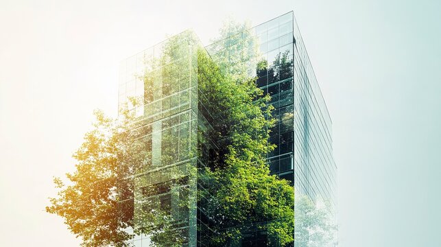 Modern building seamlessly merged with green tree silhouettes in a double exposure, blending urban architecture and nature for an eco-conscious feel.  