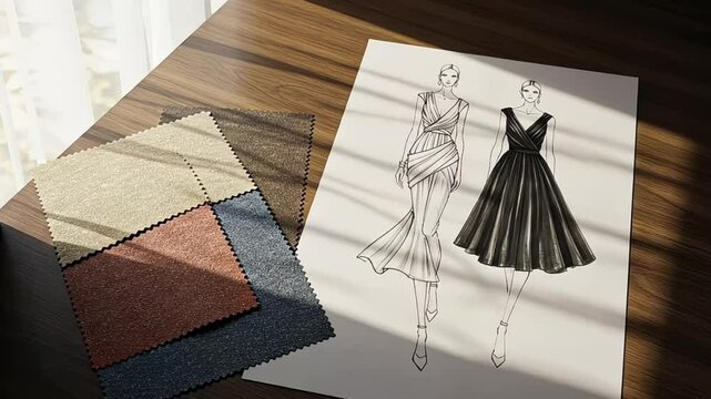 Fashion Design Workspace - Fabric swatches and fashion sketches on a desk