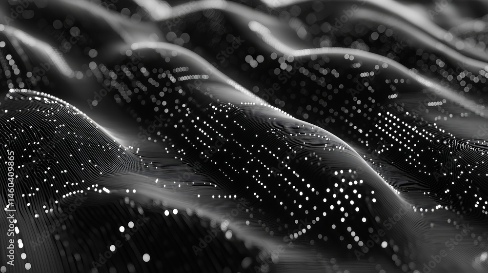 Poster abstract black and white wavy data stream background texture 3d art dots flow grey dark mesh lines
