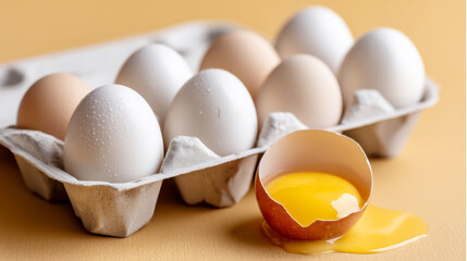 Fresh carton of eggs with broken shell and spilled yolk on yellow background