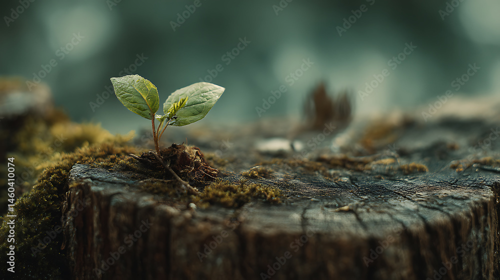 Poster new beginnings concept with small plant sprouting from old tree trunk