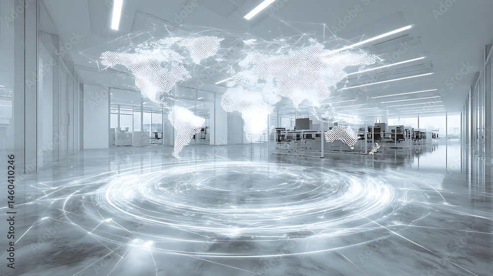 Poster modern white empty office with world map on wall, digital technology high tech background, modern fu