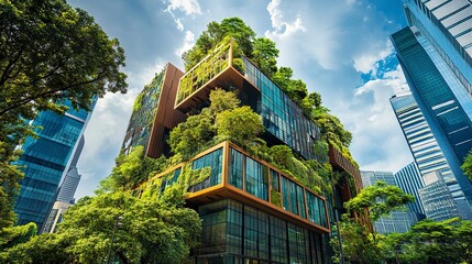 Modern cityscape featuring an eco-friendly building, glass exterior and tree-lined surroundings promoting sustainability and urban harmony.  