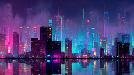 Metaverse city concept with glowing neon lights at night