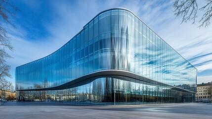 Fototapeta premium Modern glass building with reflective surfaces, seen from a low angle in downtown, creating an abstract and futuristic appearance. 