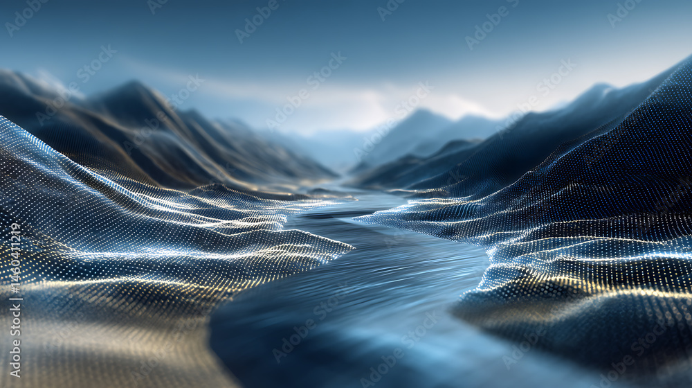 Poster futuristic digital landscape with river passing trough metallic terrain landscape, abstract informat