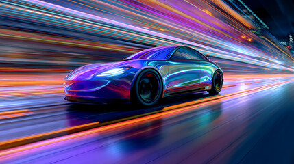 Futuristic clean energy car driving fast with colorful light trails