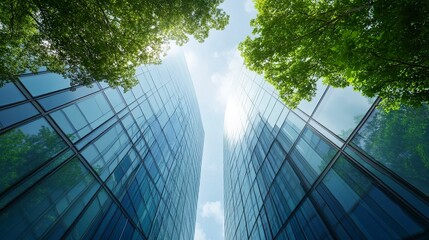 Modern glass office tower with surrounding trees for CO2 absorption, showcasing a blend of innovation and environmental responsibility. 