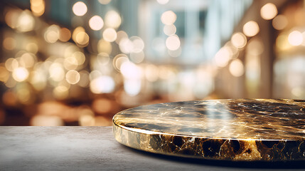 Obraz premium Festive background, modern empty dark gold marble table top on blurry bokeh room interior background or restaurant, holiday concept, for montage product display, digital ai art