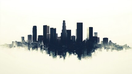 Modern LA cityscape, crisp and detailed silhouette of the skyline against a pure white background for a sleek presentation.  