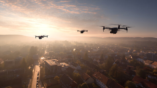Three black drones fly over the town in the morning sunlight