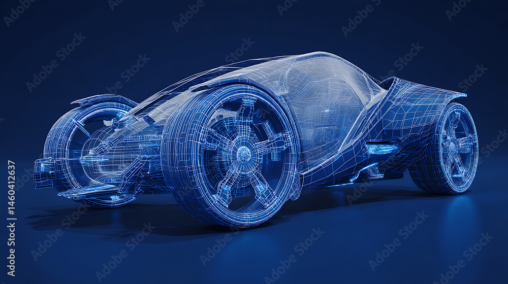Poster the front side of the futuristic ar automobile wireframe withâ a blue background