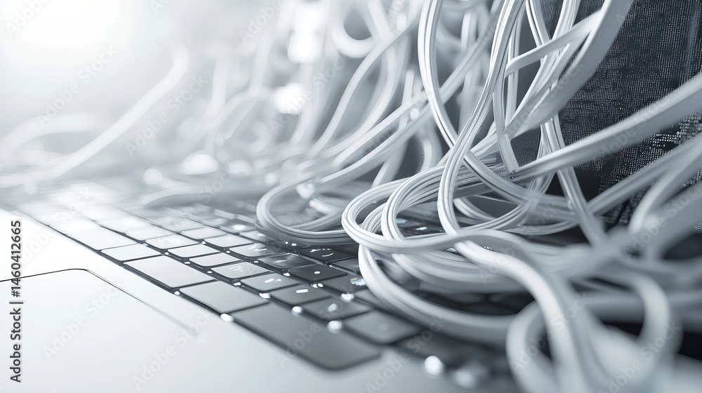 Poster tangled white cables on modern laptop keyboard technology image web data grey wire cord messy wires