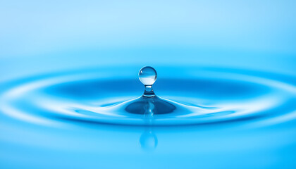 Beautiful clean bright drop of water on smooth surface in blue and turquoise colors, macro. Creative image of beauty of environment and nature, smooth light. with white shades