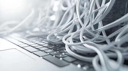 Tangled white cables on modern laptop keyboard technology image web data grey wire cord messy wires