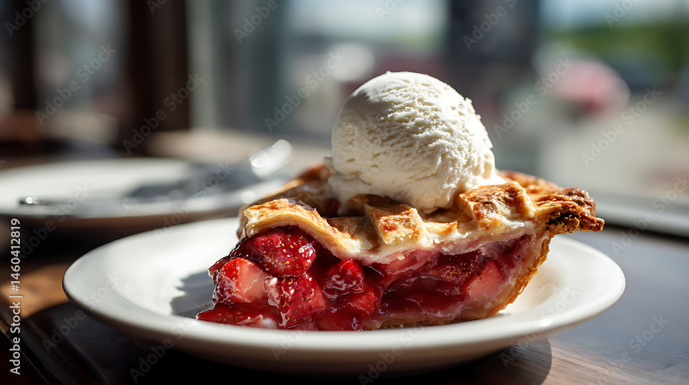 Poster slice of strawberry rhubarb pie topped with a scoop of ice cream on a sunny day near a window