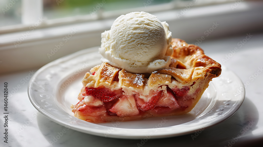 Poster slice of strawberry rhubarb pie topped with a scoop of ice cream on a sunny day near a window
