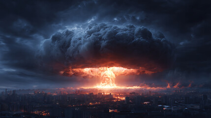 Fototapeta premium Scary big nuclear explosion with a mushroom cloud and fire in the dark, atomic weapons and the apocalypse, world war 3