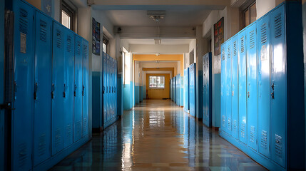 School lockers, long school corridor with blue lockers