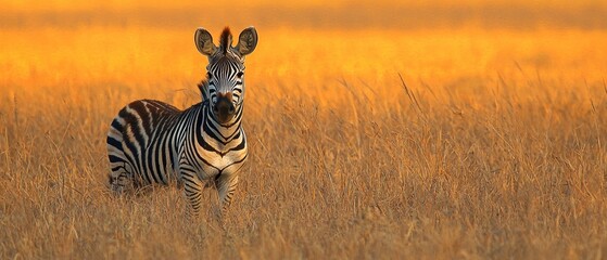 Obraz premium Zebra in golden savanna grass at sunset