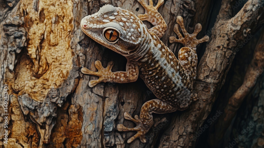 Poster close-up view of a gecko on a textured tree trunk.