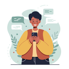 Young man holding smartphone texting and chatting with speech bubbles illustration in casual outfit vector graphic 