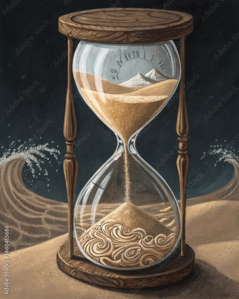 Aufkleber an hourglass halffull with sand where the grains twist and intertwine mirroring the fleeting nature 