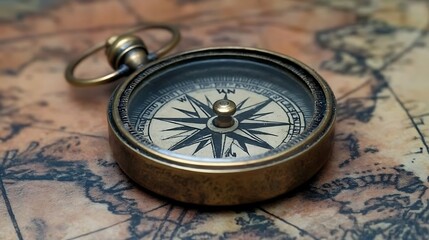 Antique compass resting on aged world map.