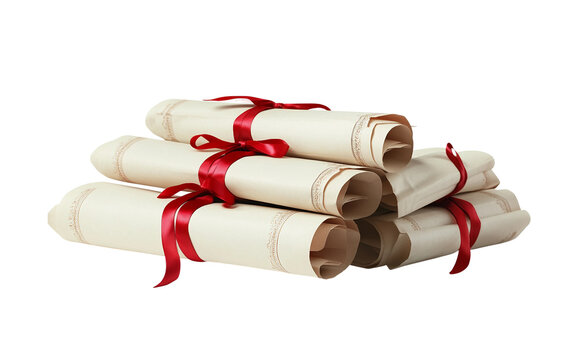Collection of Academic Diplomas with Red Ribbons Arranged in an Elegant Layout isolated on white background PNG