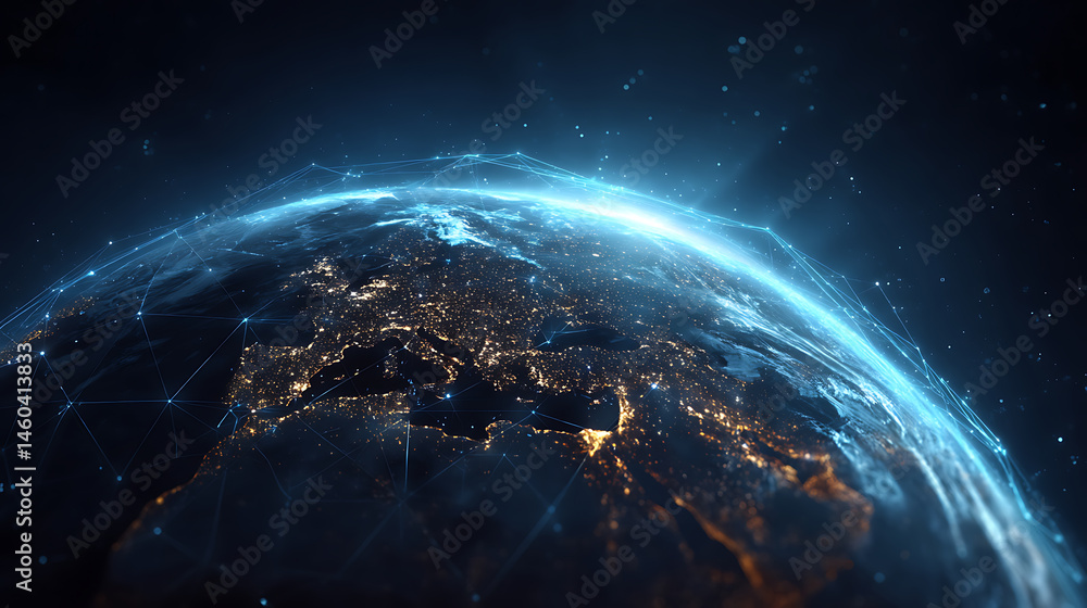 Poster Night earth global virtual internet world connection of metaverse technology network digital communication and worldwide networking on connect 3d background, earth globe with space