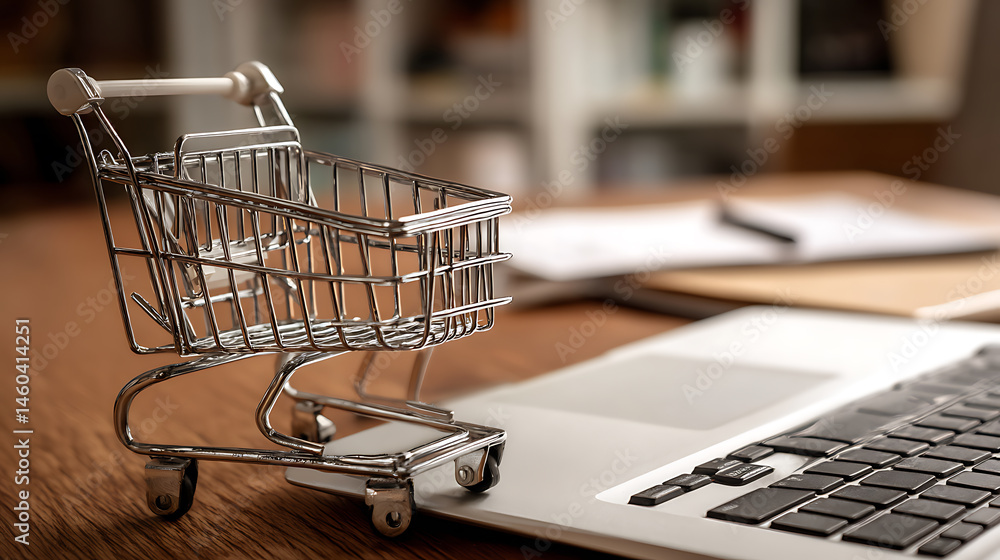 Poster model shopping cart and laptop keyboard on wood table in office background