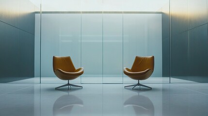 Modern office space with a sleek glass wall, two stylish brown chairs positioned symmetrically, clean and minimalist design.  