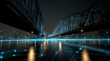 Fototapeta premium Illuminated bridge of light and data streams symbolizing technological connections