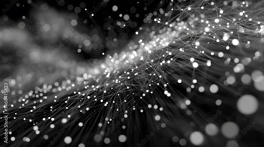 Aufkleber Data stream, big data 3d illustration, neural network and cloud technologies, global database and artificial intelligence, bright, black and white background with bokeh effect