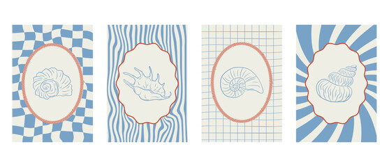 Set of hand-drawn vertical summer posters with seashells. Retro tropical marine style for travel print, beach decor, packaging, and coastal graphic design. Vector illustration.