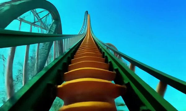 fast moving roller coaster on blue screen