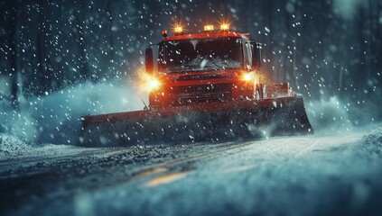 Snow plow clearing road in blizzard