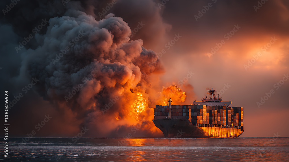 Poster the ship in fire, large general cargo ship for logistic import export goods the explosion and had a 