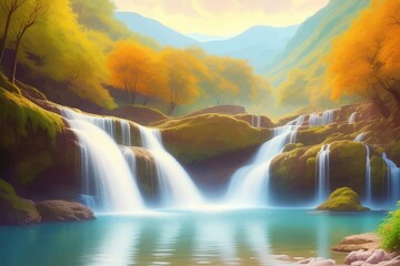 Obraz premium Beautiful and Peaceful Nature Scenery Illustration Landscape Countryside Tranquil Vibrant and Colorful