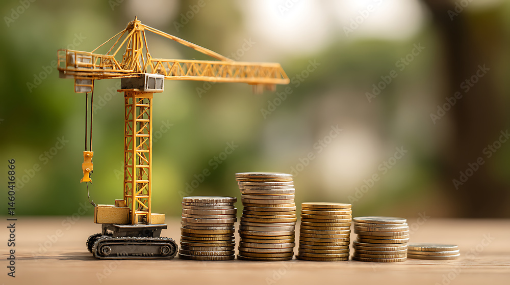 Aufkleber stacking gold coins with increase and tower crane and hoist brake solutions with build new house in 