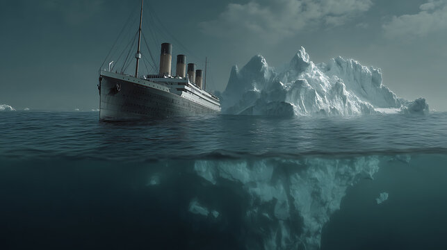 Sinking titanic in front of iceberg