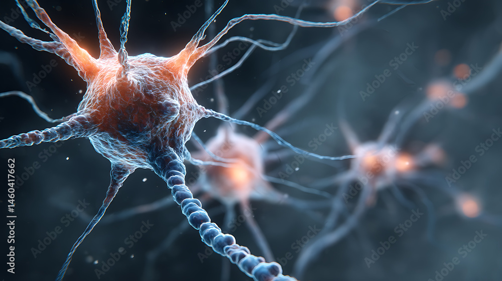 Aufkleber neurons and nervous system, captivating 3d microbiology render banner with copy space