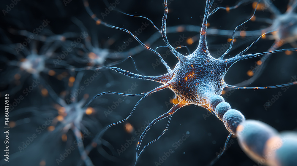 Poster neurons and nervous system, captivating 3d microbiology render banner with copy space